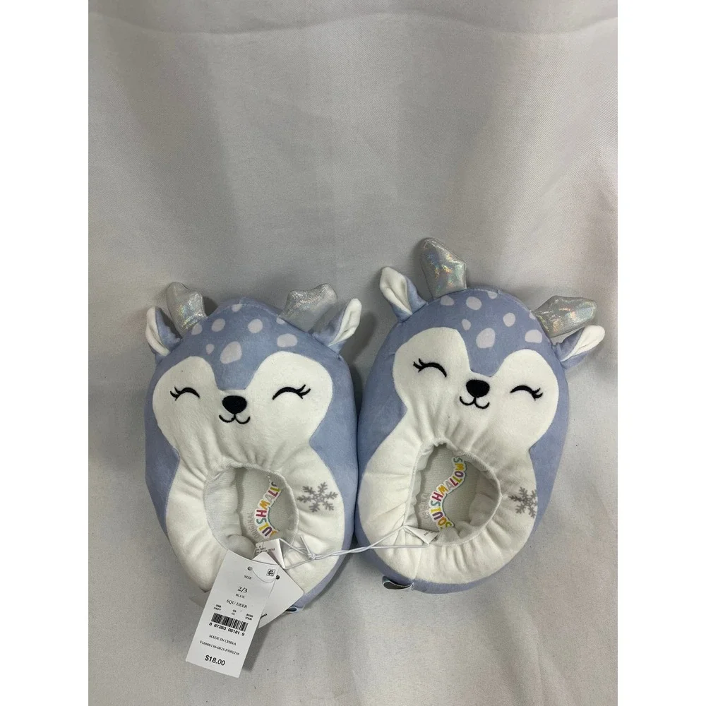 Squishmallows SQU Deer Blue Plush Kids‎ Slippers Size 2/3 Silver Antlers NWT
